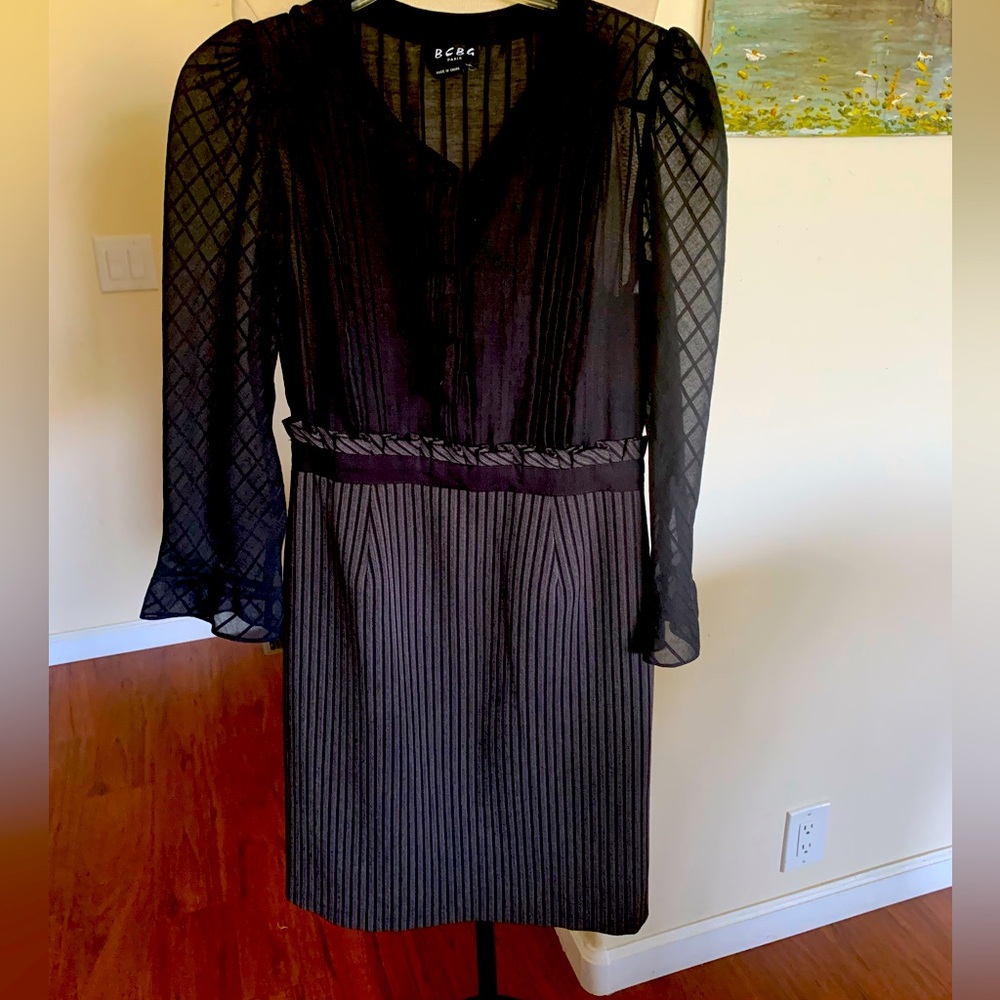 BCBG Black Sheath Dress with V-Neck and Bishop Sleeves